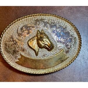 Vintage Western Horse Belt Buckle Mexico Heritage Engraved Gold Silver